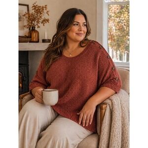 Misia Curvy Womens 2X Rust Orange Button Sleeve Scoop Neck Knit Sweater Top